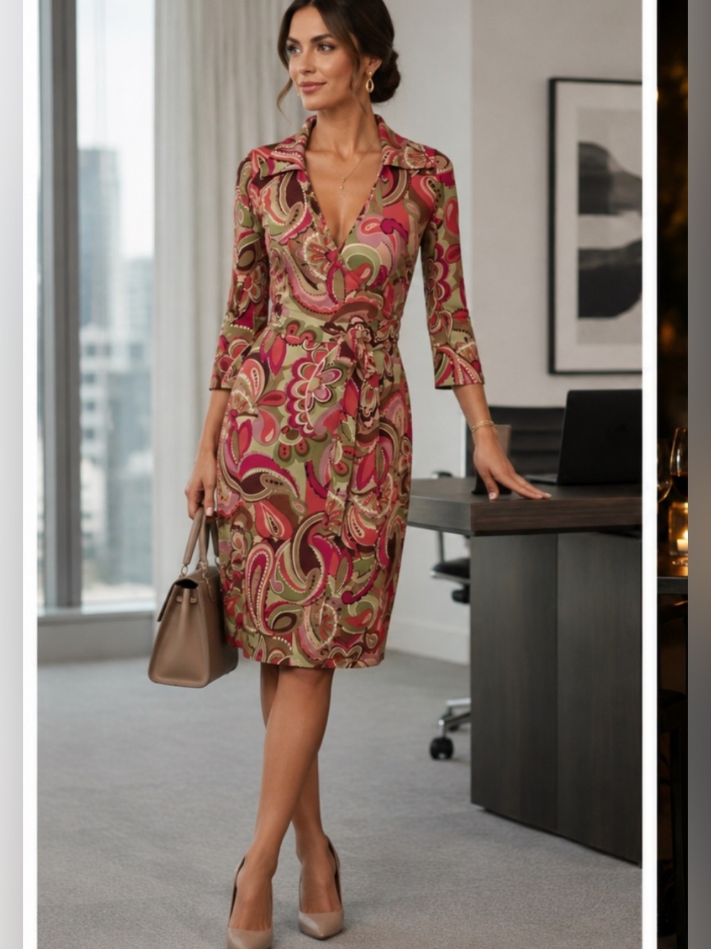 RUBY SIZE 2 RETRO‎ VINTAGE WRAP AROUND MIDI Long Sleeve DRESS. Y2K,hippie - Picture 2 of 16